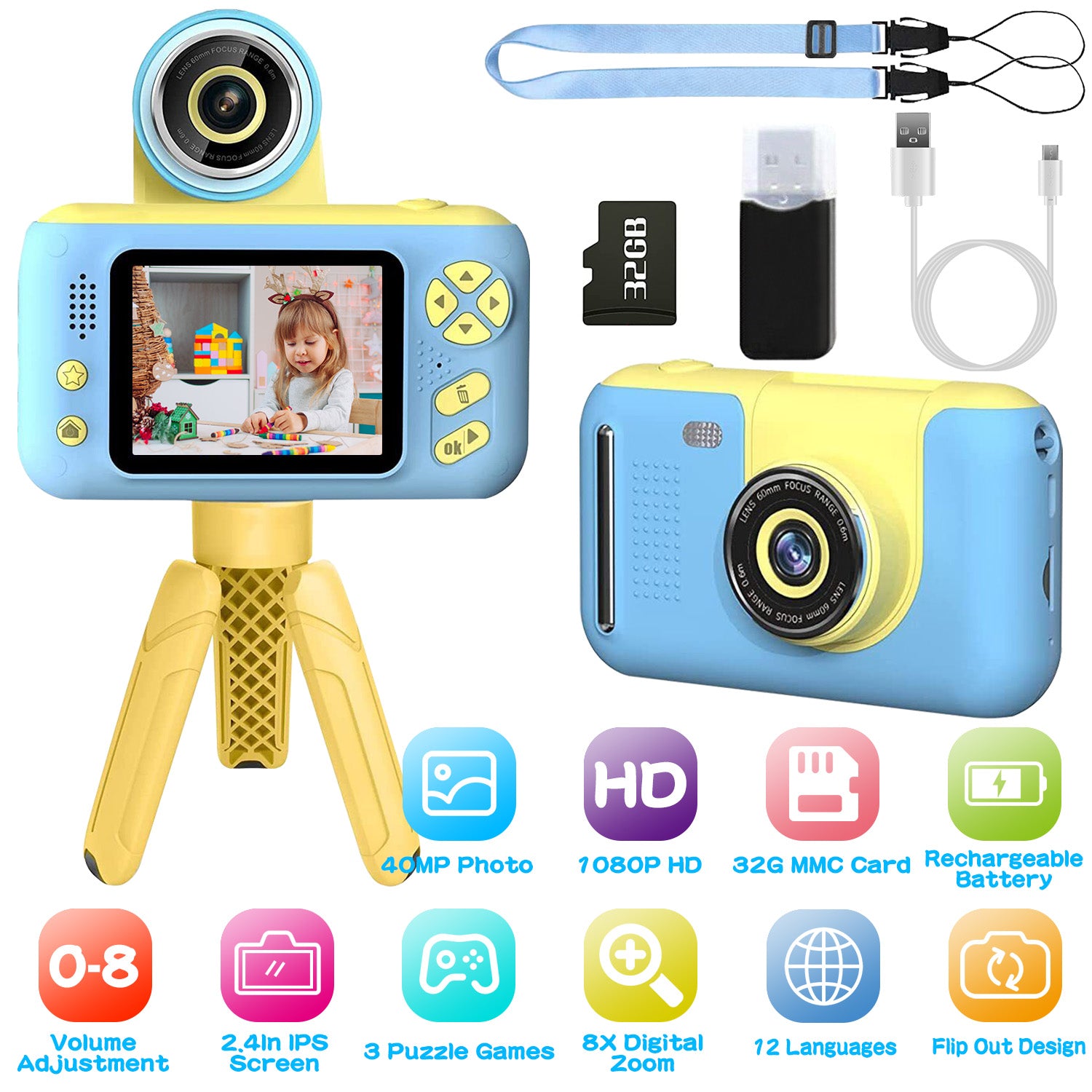1Pc Kids Digital Camera With Flip Lens Children Video Camcorder Christmas Toy Birthday Gifts With Tripod 2.4in...