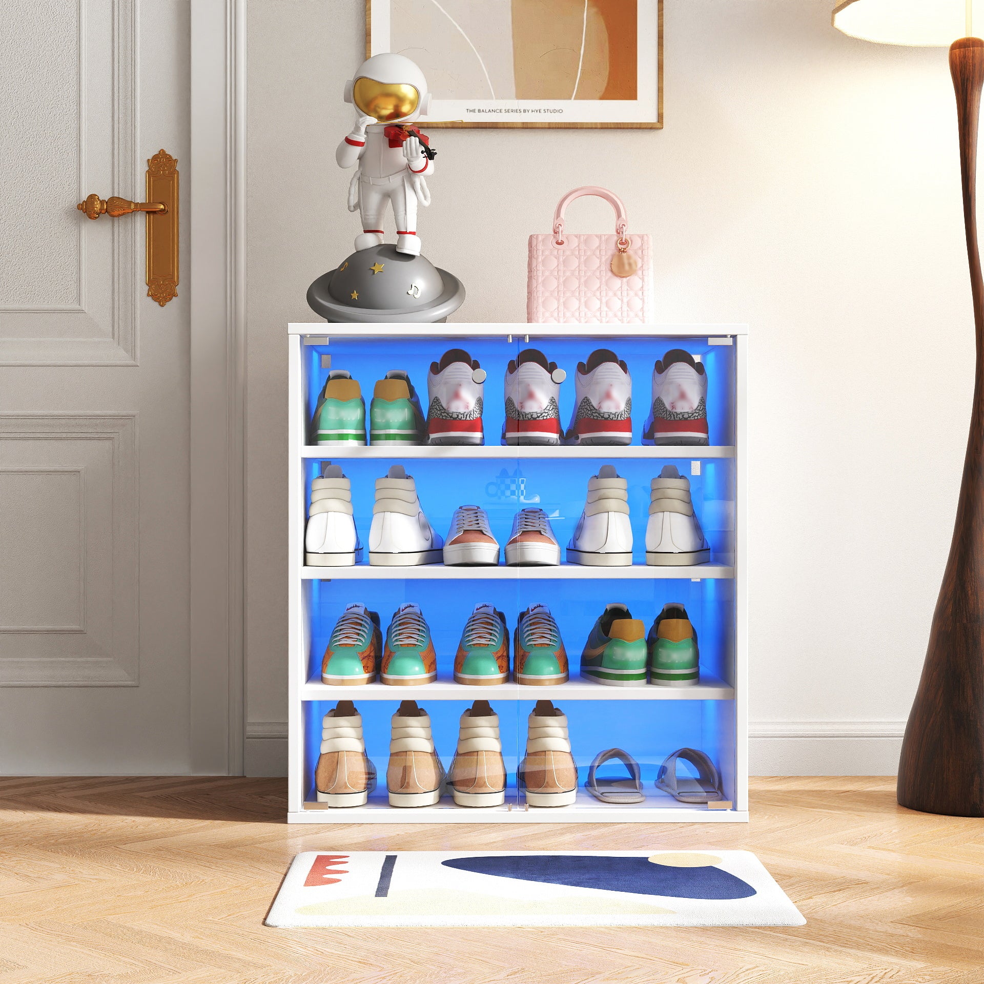 Shoe Box With RGB LED Light, Wooden Stackable Shoe Storage Box With Glass Door, Shoe Storage Bin Shoe Display Case For Sneakers 4 Tier-1