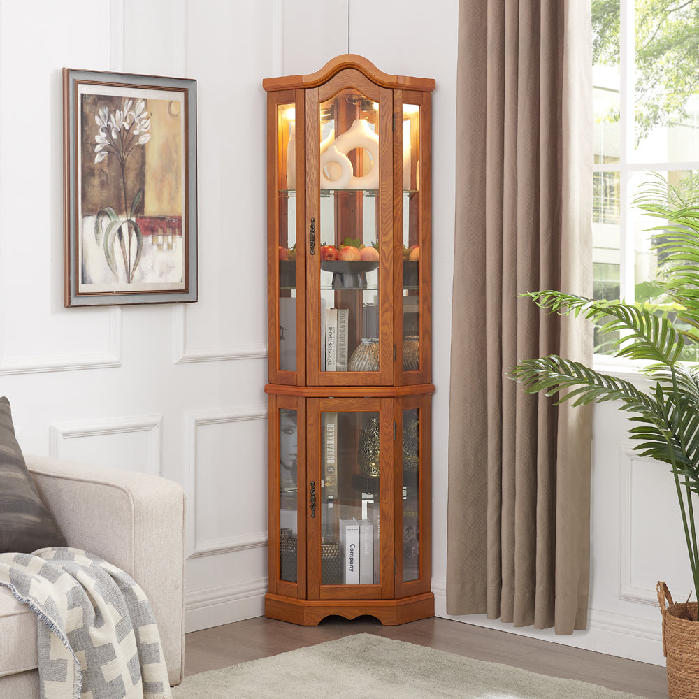 Curio Cabinet Lighted Glass Display Curio Cabinet W Tempered Glass Doors And Shelves, Crown Corner Cabinet With Bulb, Corner Storage Decoration For Living Room And Bedroom OAK