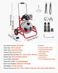 Drain Cleaner Machine 75 FT X 3/8 Inch, Sewer Snake Auger On Wheels, Manual Feed Drain Cleaning Machine With Adjustable Drum Angle, 6 Cutters & Air-activated Foot Switch For 2" To 4" Pipes