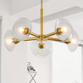 26 Modern Gold 5-Light Sputnik Chandelier With Clear Glass Shades, Mid-Century Hanging Pendant Light Fixture For Dining Room, Living Room, Or Kitchen  Bulb Not Included