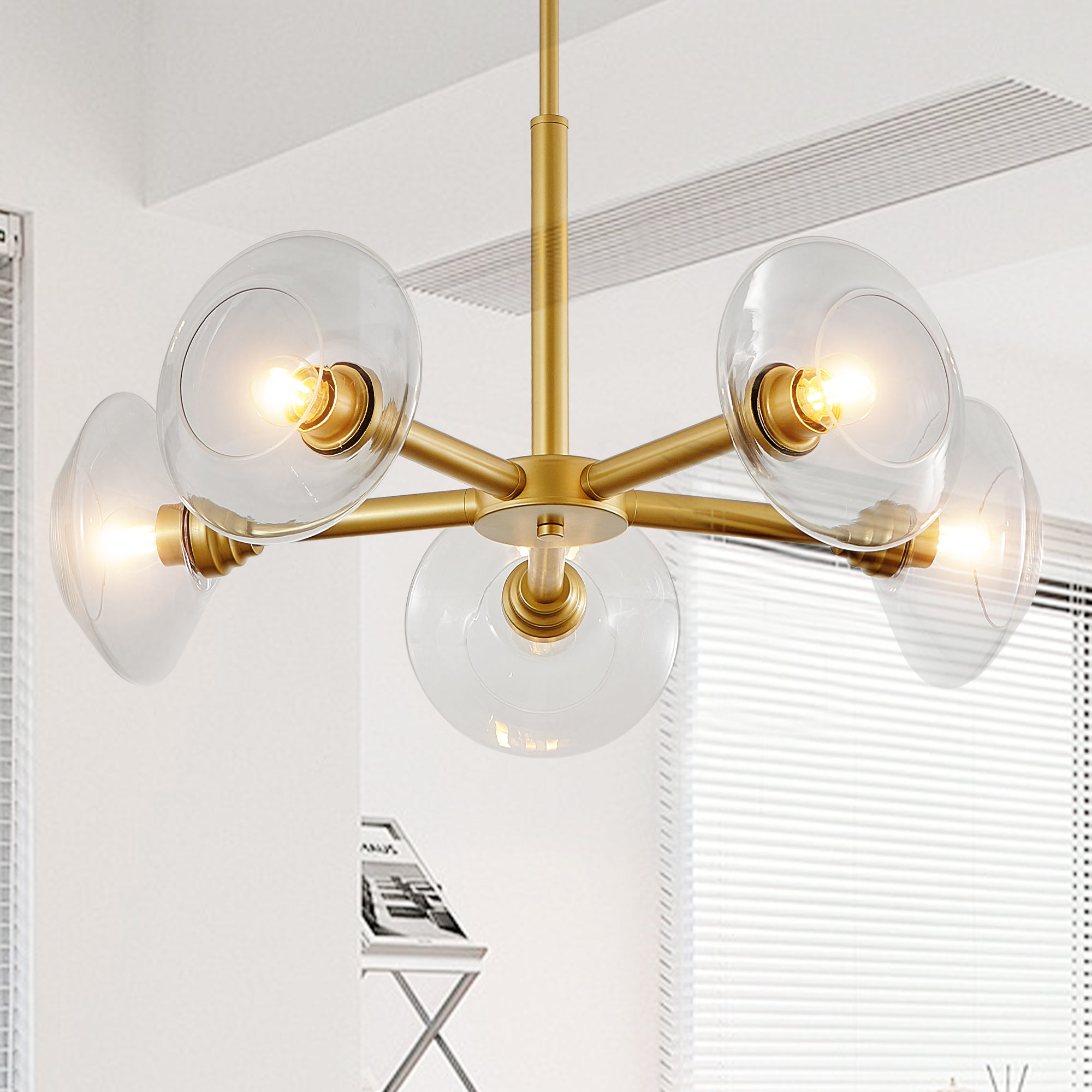 26 Modern Gold 5-Light Sputnik Chandelier With Clear Glass Shades, Mid-Century Hanging Pendant Light Fixture For Dining Room, Living Room, Or Kitchen  Bulb Not Included