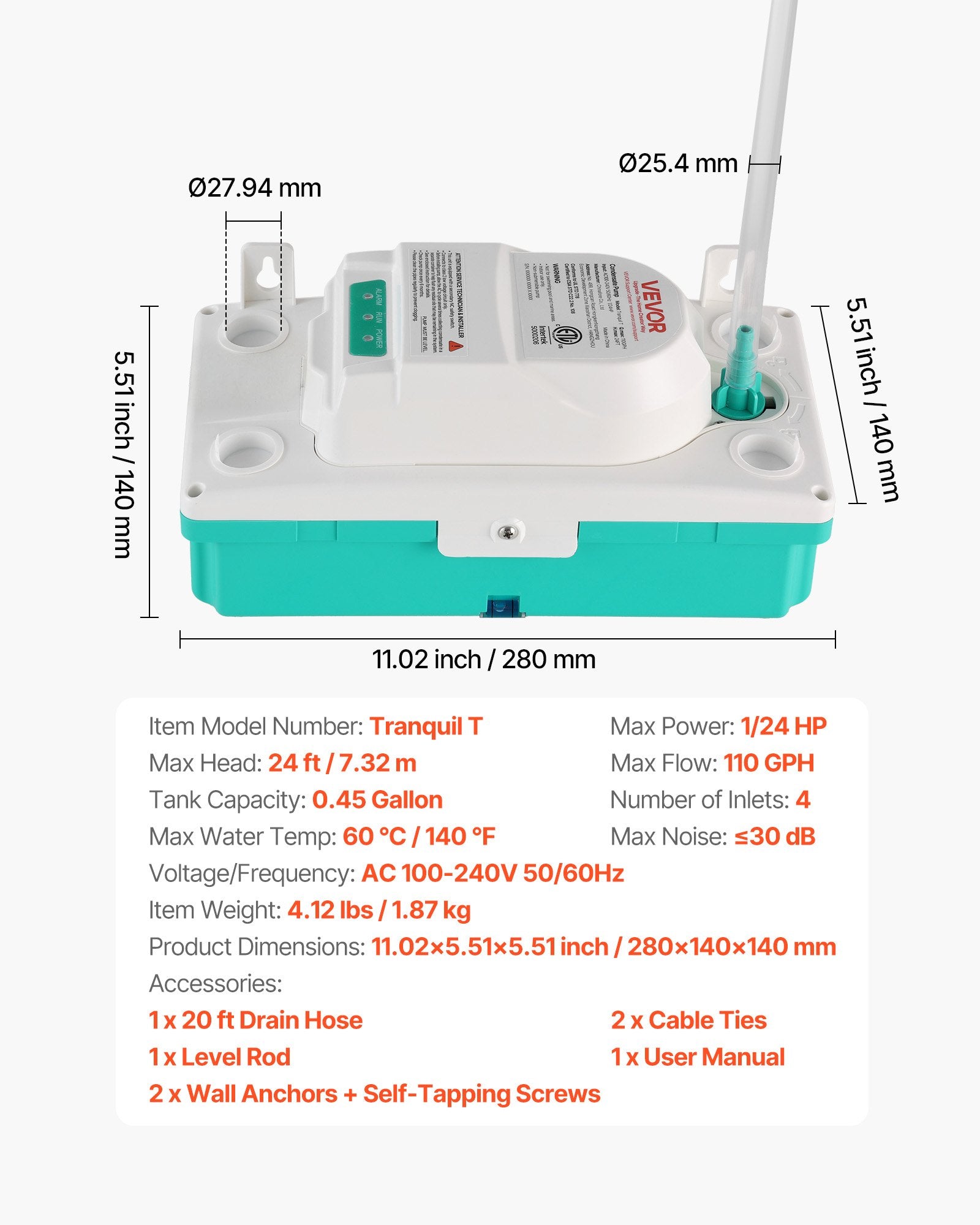 Condensate Pump, 1/24 HP, 110 GPH, 24 Ft Lift, 100-240V Automatic AC Condensation Removal Pump With Safety Switch & 20 Ft Tubing, For Air Conditioner, Dehumidifier, HVAC, Furnace, Ice Maker