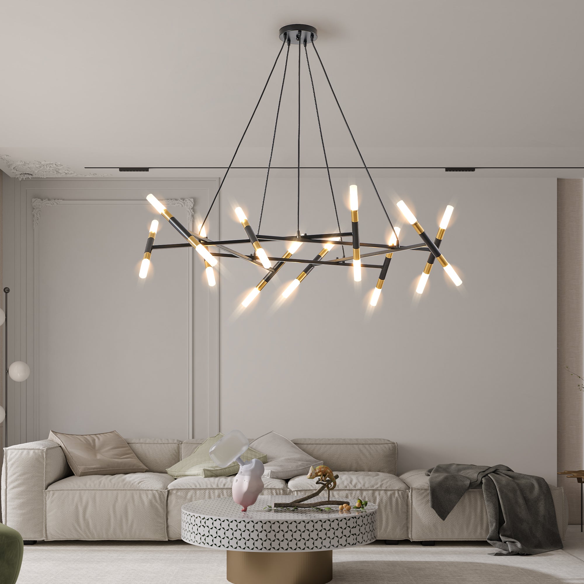 41 Black & Golden Modern Chandelier Light Fixture, Branch Design With Frosted Tubes, Black Cords, Adjustable Height Pendant Light For Dining Room, Living Room, Or Kitchen Island  Bulb Not Included