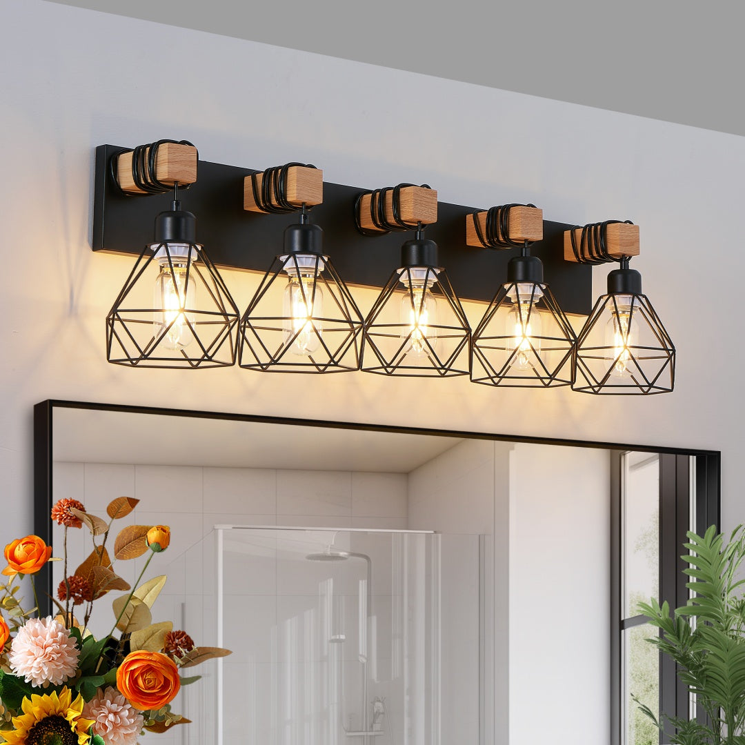 31  Modern Geometric 5-Light Vanity Light Fixture With Black Metal, Wooden Accents And Cage Lampshade For Bathroom, Bedroom, Or Living Room  Bulb Not Included