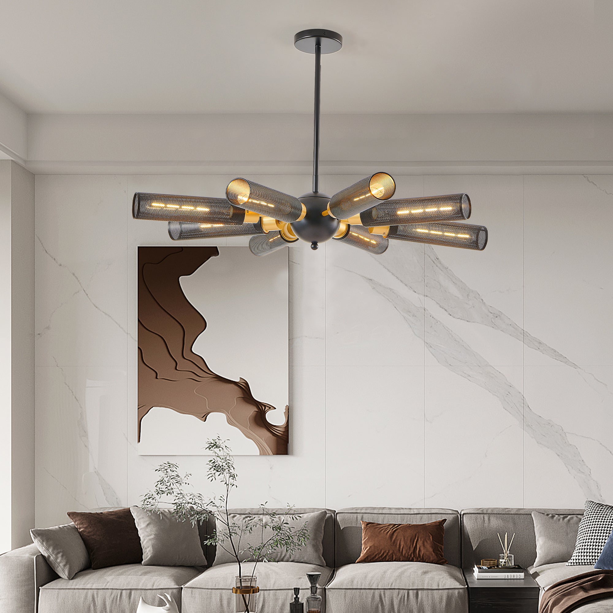 34  Modern Industrial Sputnik Chandelier, 8-Light Black And Gold Metal Pendant Light With Mesh Shades, E26 Base, Adjustable Height For Dining Room, Living Room, Or Kitchen Island Bulb Not Included