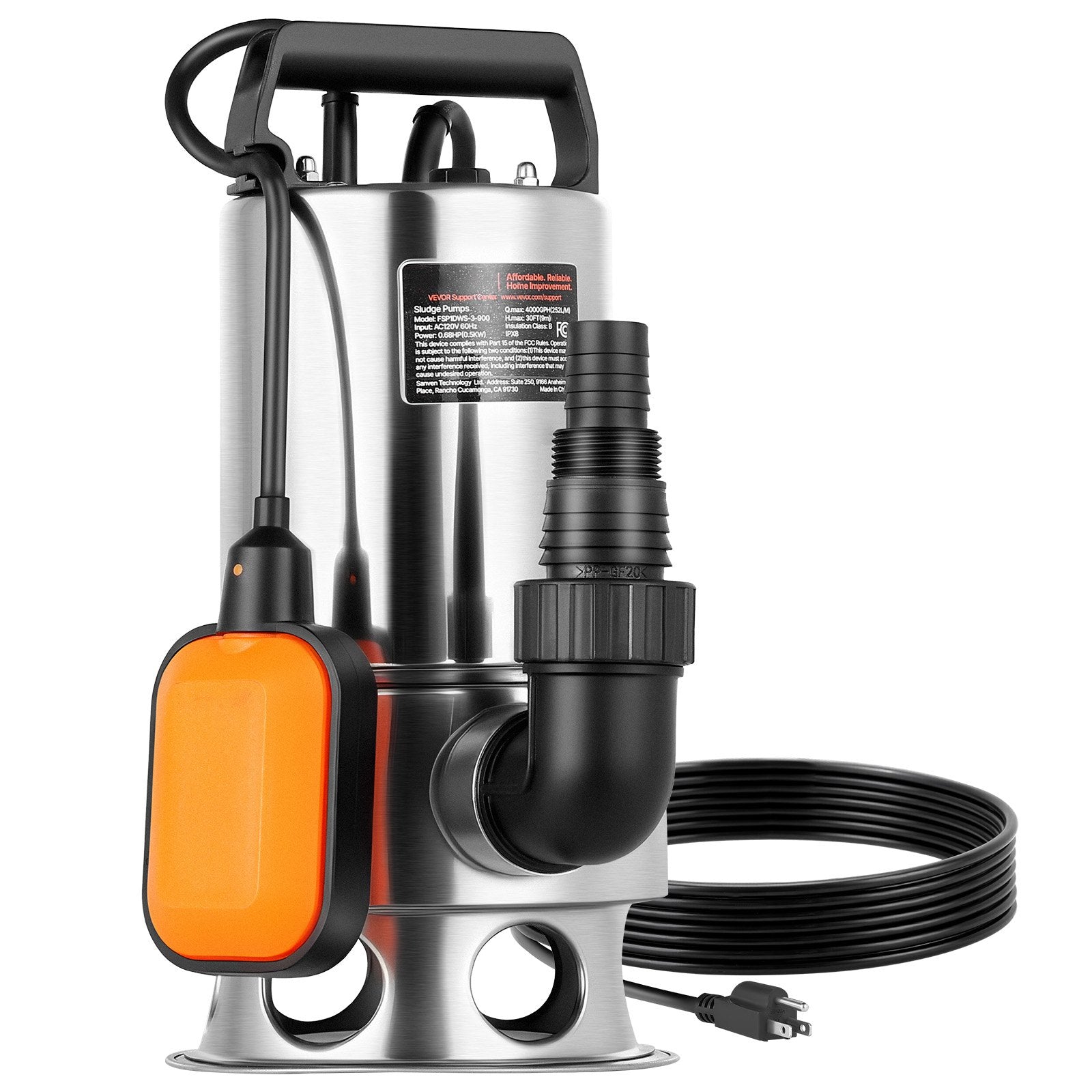 0.68 HP Submersible Sump Pump, 4000 GPH, Stainless Steel Submersible Sewage Dirty Clean Water Pump With Automatic Float Switch, Long Cord, 30 Ft Max Lift, For Pools, Garden, Flooded Basement