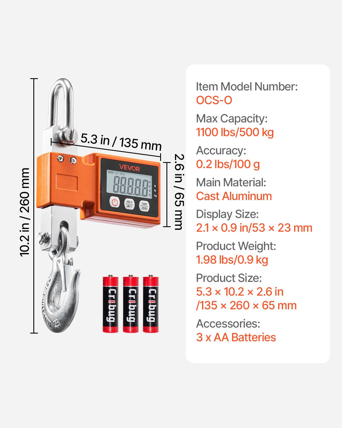 Digital Crane Scale, 1100 Lbs/500 Kg Max Capacity, Heavy Duty Industrial Hanging Scale With Cast Aluminum Case & LCD Display, 0.2 Lbs Division & 3 Unit Switch, Auto-Off Setting For Garage
