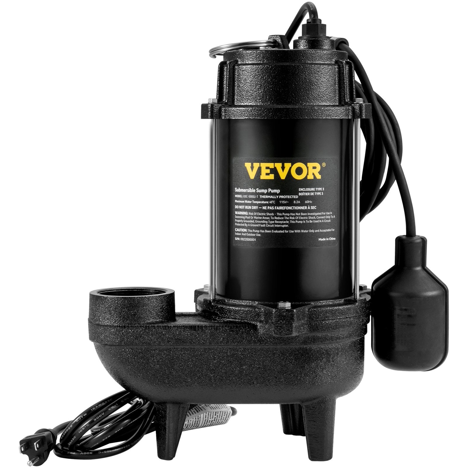 Submersible Sewage Pump, 3/4 HP, 5880 GPH, 1050W, Durable Cast Iron, Includes 2" Outlet And 10 Ft Piggy-back Float Switch, Ideal For Septic Tanks, Basements
