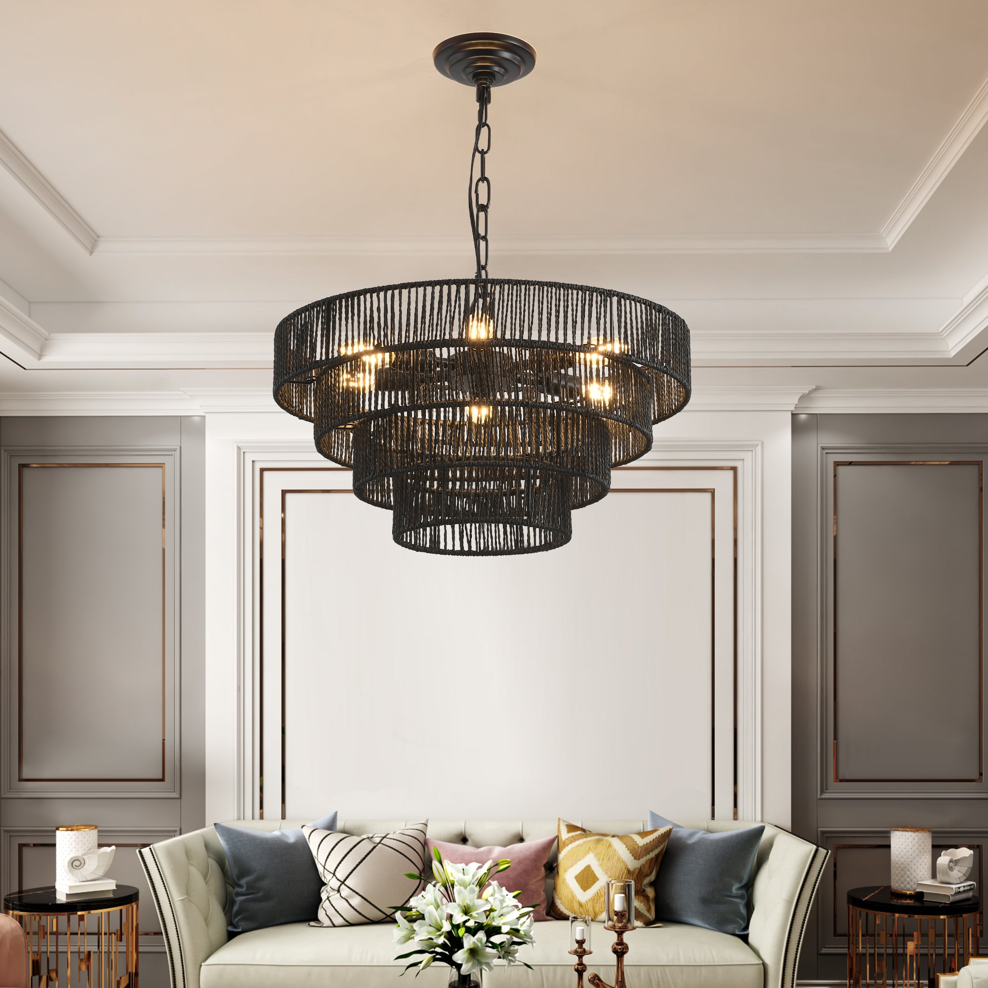 20  Rustic 4-Tier Black Hemp Rope Pendant Light Chandelier With 6 E12 Sockets, Handmade Tiered Boho Ceiling Light Fixture For Dining Room, Kitchen, Or Foyer Bulb Not Included