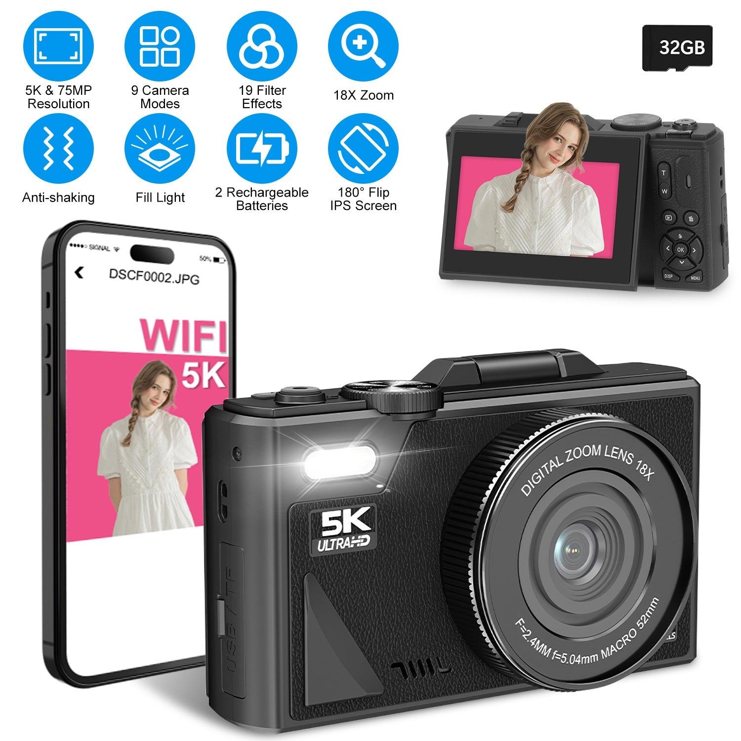 1Pc 5K 75MP Digital Camera For Photography Anti Shake WiFi Vlogging Video Camera With 9 Shooting Modes 18X Zoom Fill...