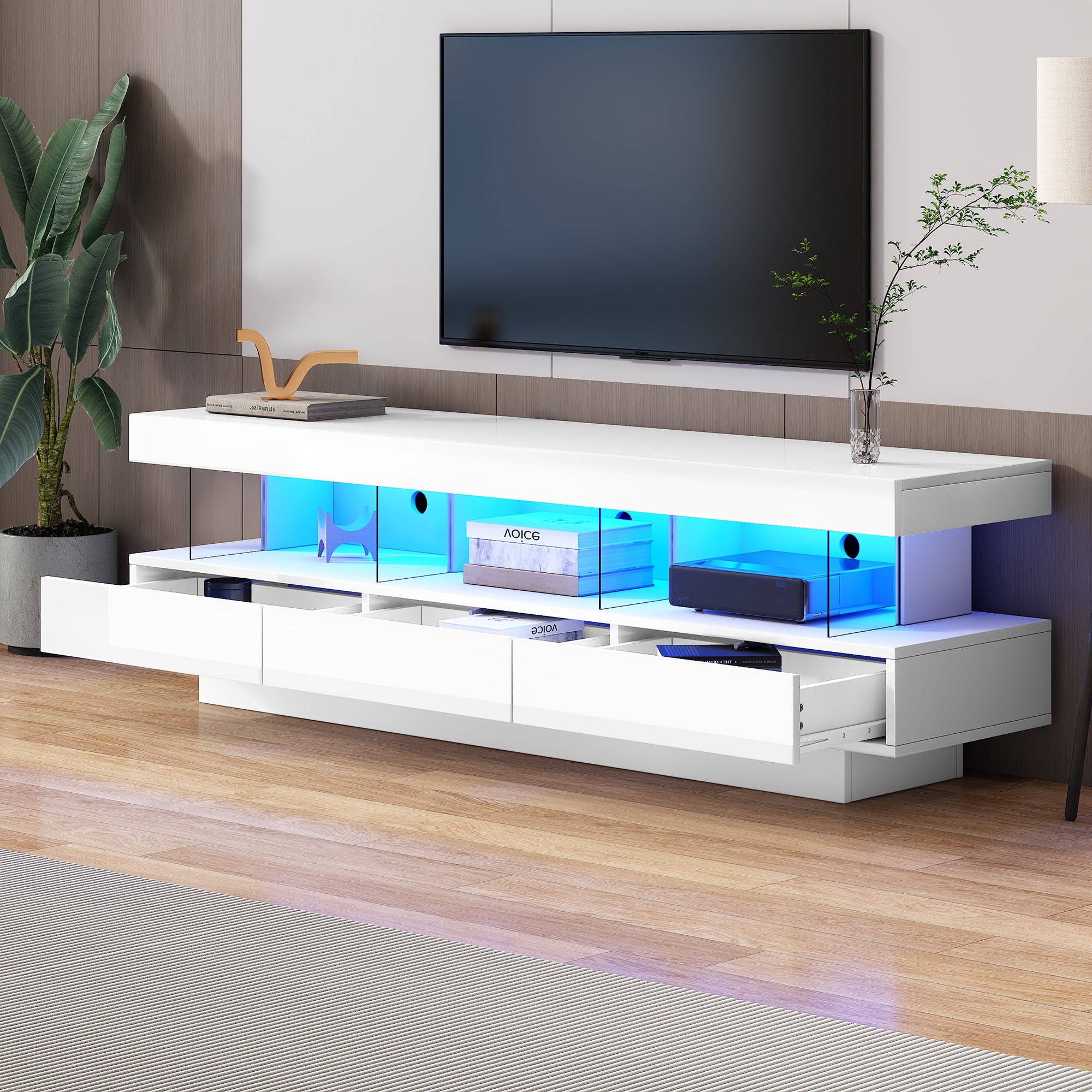 160x38x50.5cm White High Gloss TV Cabinet With 3 Glass Compartments, LED Lighting, App Control, Bluetooth Connected, For 70 Inch TV,High Gloss With Glass TV Stand,Smart TV Cabinet