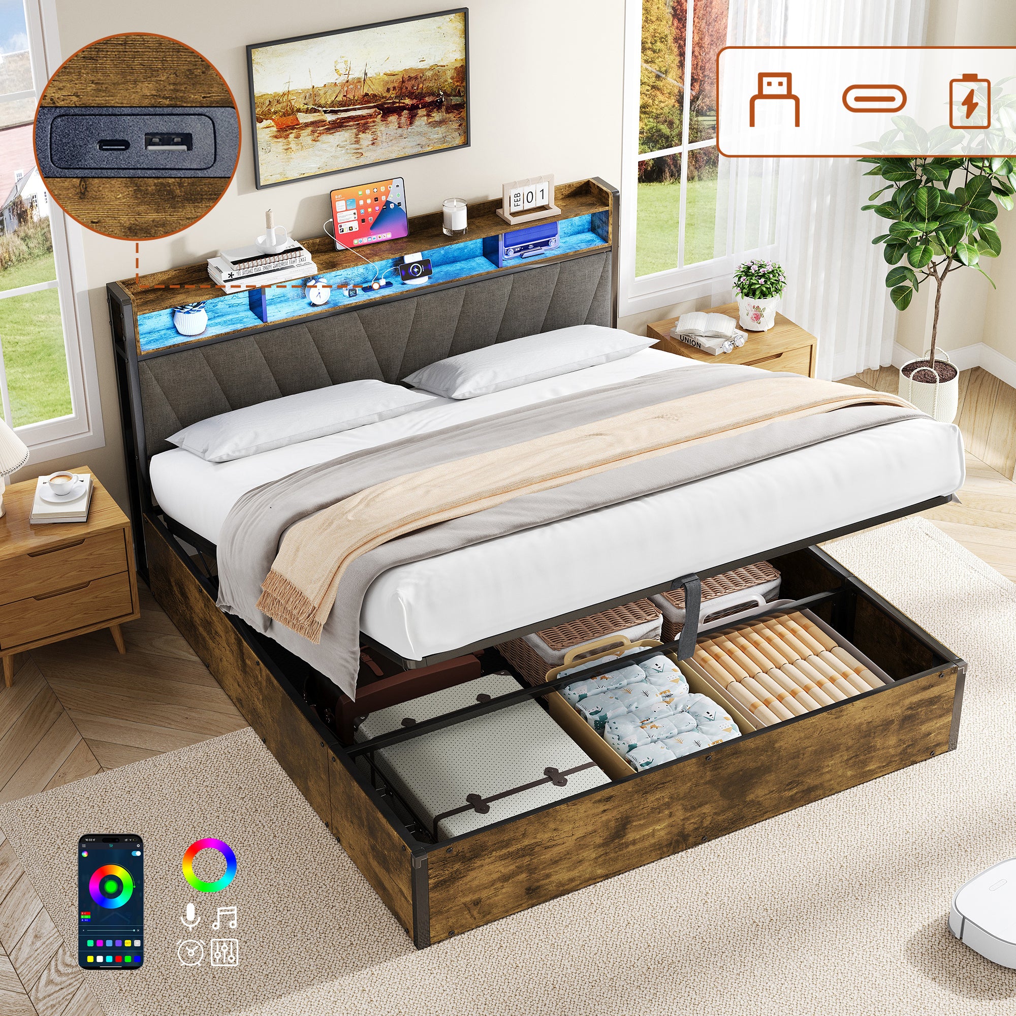 5ft King Bed Frame With Hydraulic Storage, RGB LED Storage Headboard With Charging Station, USB And Type-C Ports, No Box Spring Needed, Easy Assembly, Black Walnut No Mattress