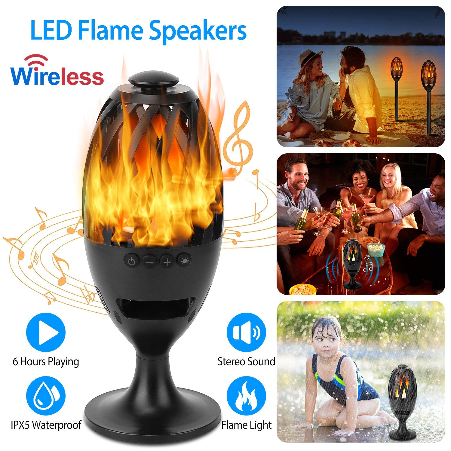 1Pc LED Flame Speakers Torch Wireless Speaker Waterproof Stereo Bass Speaker Outdoor Light-Up Speaker Atmosphere LED...