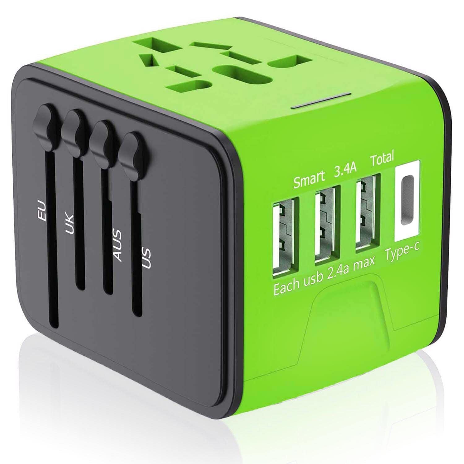 Universal Travel Adapter 3 USB & Type-C Outlet Converter US UK  EU AU Plug Power  Green