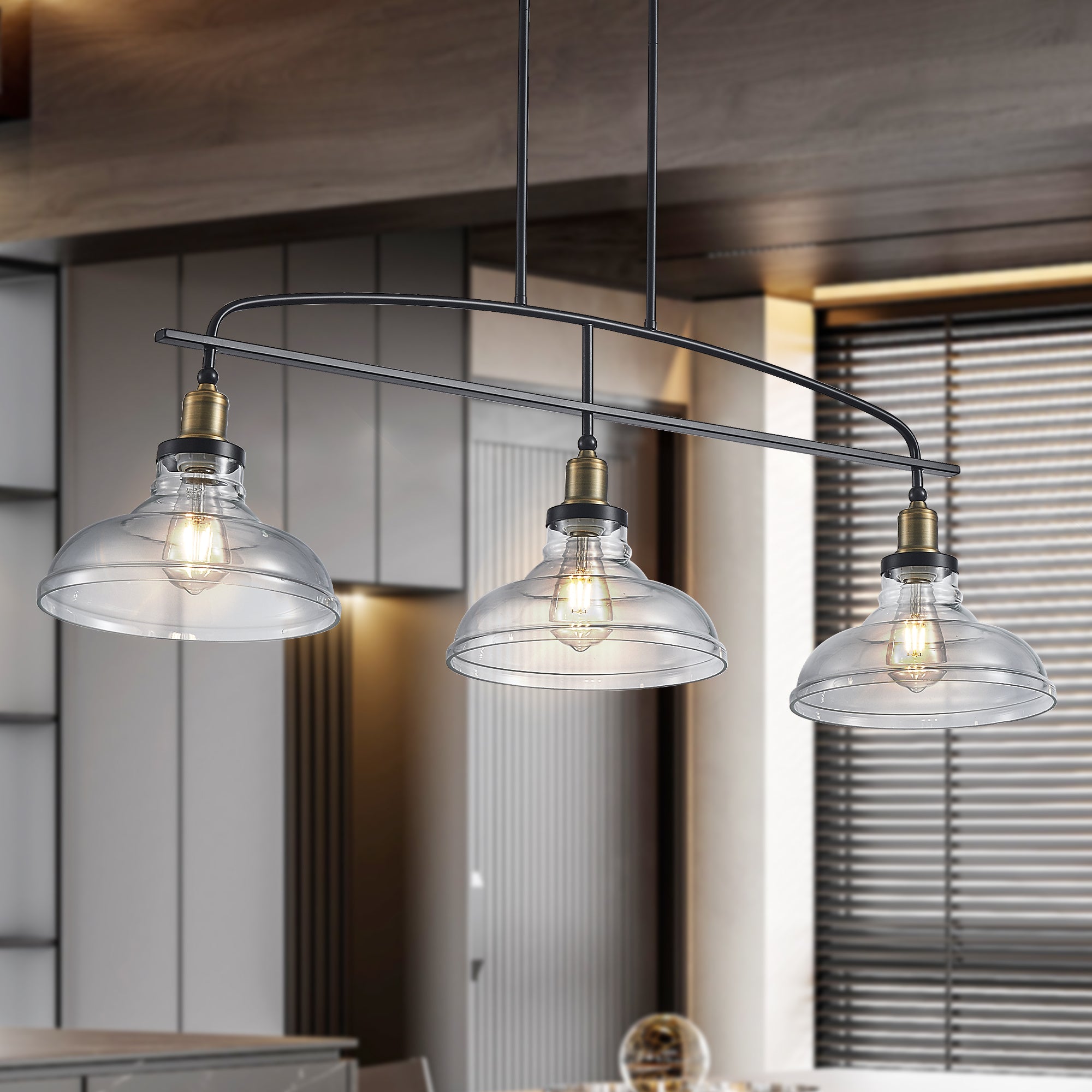45  Industrial 3-Light Pendant Chandelier With Clear Glass Shades, Black Metal Frame, Adjustable Height, Modern Farmhouse Lighting For Kitchen Island, Dining Room, Or Living Room Bulb Not Included