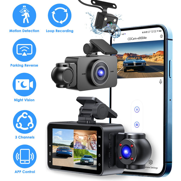 3 Channel Dash Cam For Cars, 1080P Full HD Front Camera (140° Wide View) With 480P Interior & Rear Cameras, 360°...