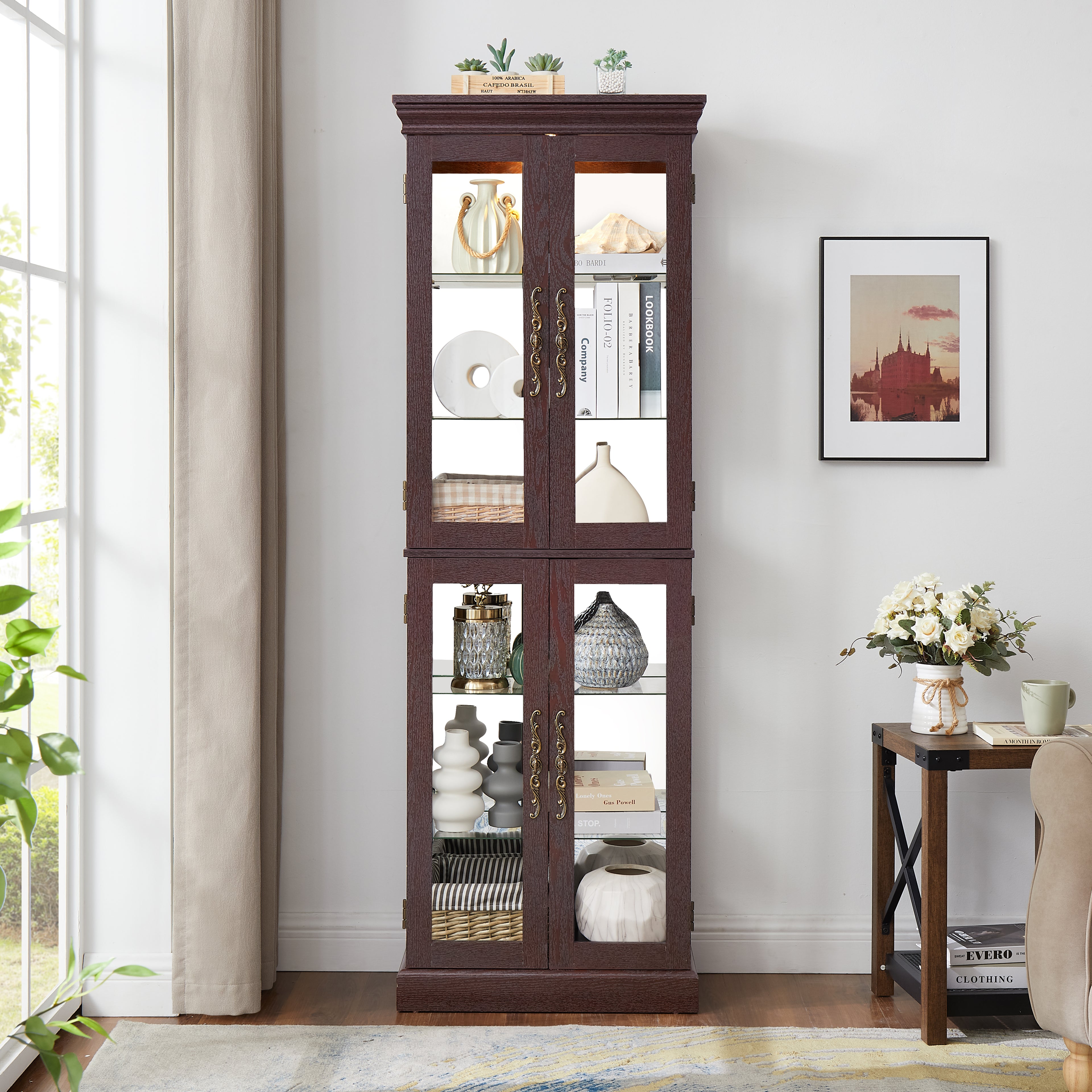 Lighted Glass Curio Display Cabinet,Display Cabinet,Glass Storage Cabinet Glass Wine Cabinet Wood Frame Toy Display For Living Room, Kitchen, Pantry Light Bulb Included Dark Cherry