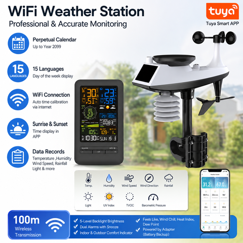 Tuya Smart WiFi Wetterstation Windgeschwindigkeit Niederschlag Sonnenlicht Luftqualität Temperatur