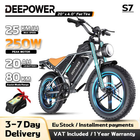 DEEPOWER S7 E-Fatbike 250W 48V 20Ah 20x4.0 Zoll Fat Tire 7-Gang Doppelscheibenbremse Herausnehmbarer Akku Elektrofahrrad Erwachsene