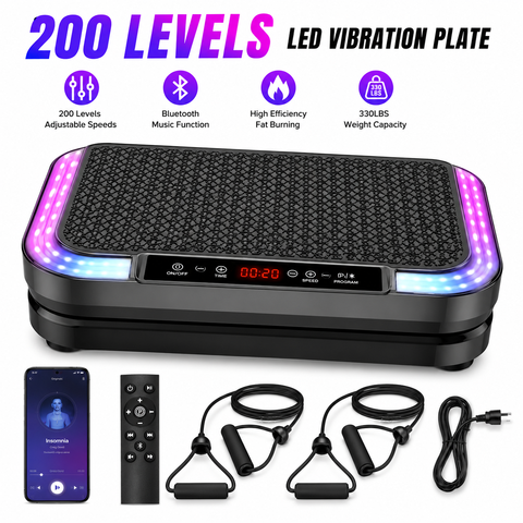 Bluetooth Vibrationsplatte 200 Stufen LED Bildschirm 2 Zugseile 4 Widerstandsbänder Fitness Smart