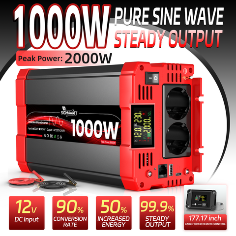Reiner Sinus-Wechselrichter DC 12V AC 230V 1000W 2000W LCD Fernbedienung USB Typ-C Wohnmobil Auto