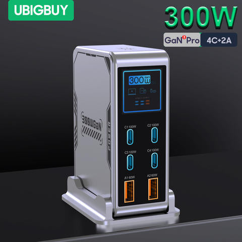 Ubigbuy 300W GaN Ladegerät PPS PD 100W 6-Port Digital Display Schnellladestation MacBook iPhone