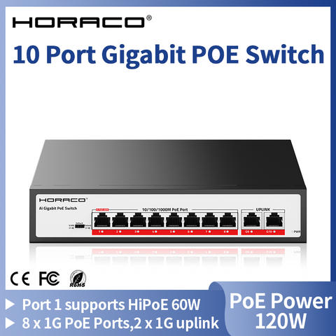 HORACO 10-Port Gigabit PoE Switch 120W 1000Mbit Smart Netzwerk IP-Kamera NVR CCTV Home Office