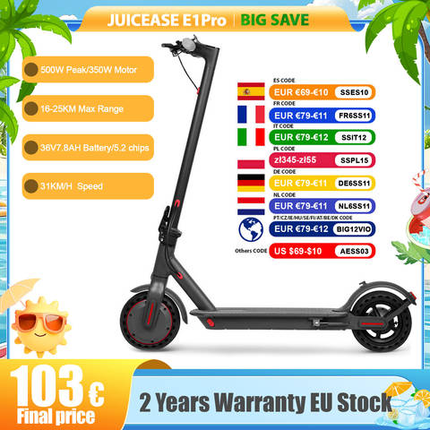 JUICEASE E1 Pro Smart E-Scooter 350W Motor 500W Peak Klappbar 36V 7.8Ah 25km Reichweite Smart