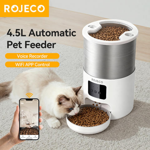 ROJECO Edelstahl 4.5L Katzenfütterer WiFi App Sprachaufzeichnung Smart Dispenser Hund Haustier