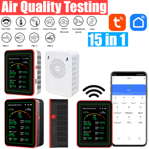 Tuya WiFi 15-in-1 Luftqualitätsmonitor TFT CO CO2 HCHO TVOC AQI PM0.3 PM2.5 PM10 Kohlendioxid Smart