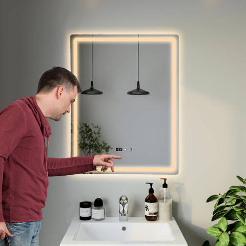 Smart LED Badspiegel Beschlagfrei Dimmbar Zeit Temperaturanzeige Touch Speicherfunktion 50x70cm Bad Smart