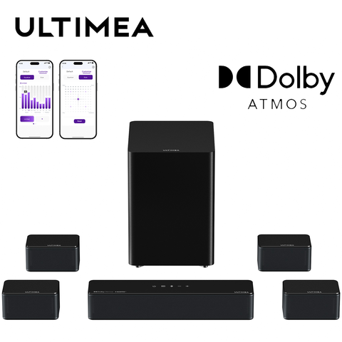 ULTIMEA 500W 7.1 Kanal Dolby Atmos Soundbar Kabelloser Subwoofer 4 Surround-Lautsprecher App-Steuerung Heimkino Smart
