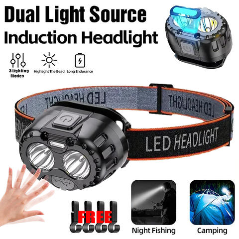 LED Induktions-Stirnlampe Doppellichtquelle 250LM XPE Notfall Outdoor Camping Wandern Smart