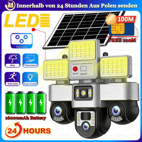 Smart 4G Solar Kamera 15W Solarpanel 16000mAh 2-in-1 LED Straßenleuchte 3 Objektive Outdoor Sicherheit Smart