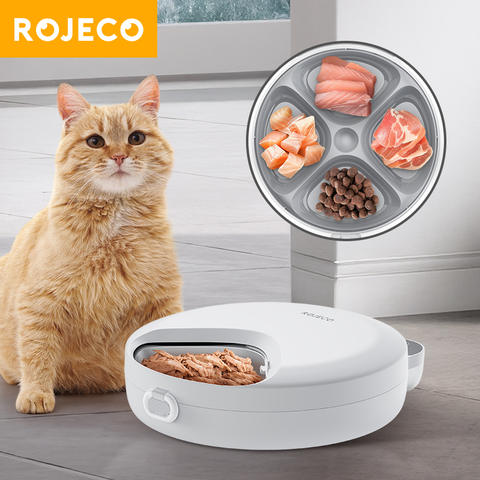 ROJECO 4-Mahlzeiten Kabellos Katzenfutterspender Nass Trocken Katze Hund Smart Multifunktional