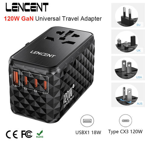 LENCENT 120W GaN Universal Reiseadapter USB Typ-C Schnellladung EU UK USA AUS Topmodell