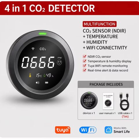 FABISENSE Tuya WiFi Smart CO2-Detektor Temperatur Luftfeuchtigkeit App Alarm Luftqualität Monitor