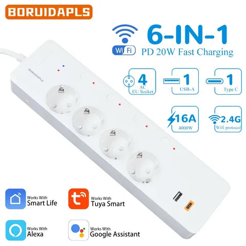 BORUIDAPLS EU WiFi Smart Steckdosenleiste Tuya Alexa Sprachsteuerung USB-A Typ-C Energiesparfunktion