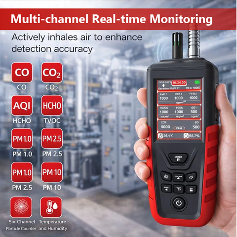 Profi 10-in-1 Luftqualitätsmonitor 6-Kanal CO CO2 HCHO TVOC PM2.5 AQI Hochpräzise Datenausgabe Smart