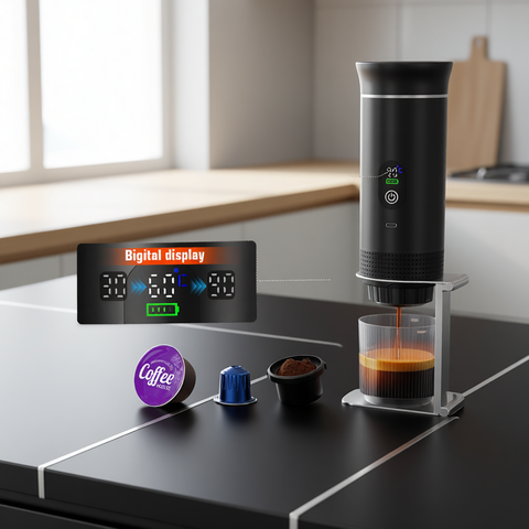DENOKIN Tragbare Espressomaschine Digitalanzeige 3-in-1 Kapsel Auto Zuhause Camping