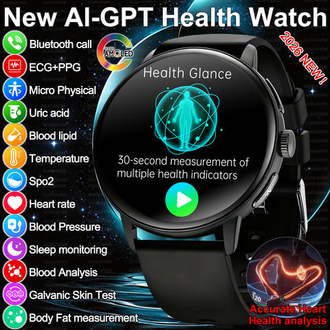 2026 Neue KI Präzisionsdiagnose Smartwatch Körperfett Harnsäure Blutdruck EKG AMOLED Anruffunktion Sport
