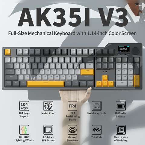 Ajazz AK35I V3 MAX 8000mAh Gaming Mechanische Tastatur Tri-Modus Bluetooth Hot-Swap TFT-Display