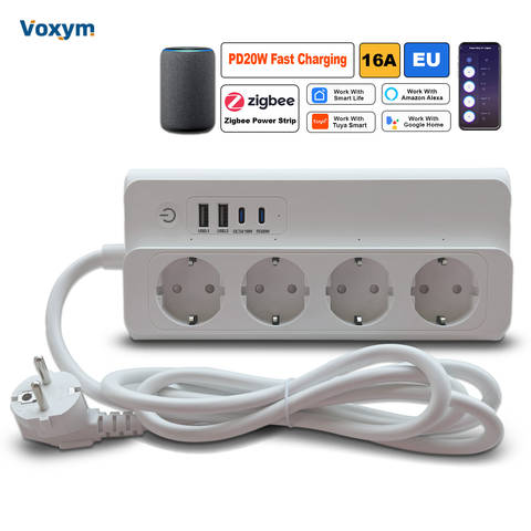 Voxym Zigbee Smart Steckdosenleiste EU 16A PD20W Schnellladung Tuya App Alexa Google Sprachsteuerung