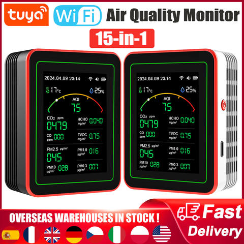 Tuya WiFi 15-in-1 Luftqualitätsmonitor CO/CO2/HCHO/TVOC/AQI/PM2.5/PM10 Temperatur Feuchtigkeit