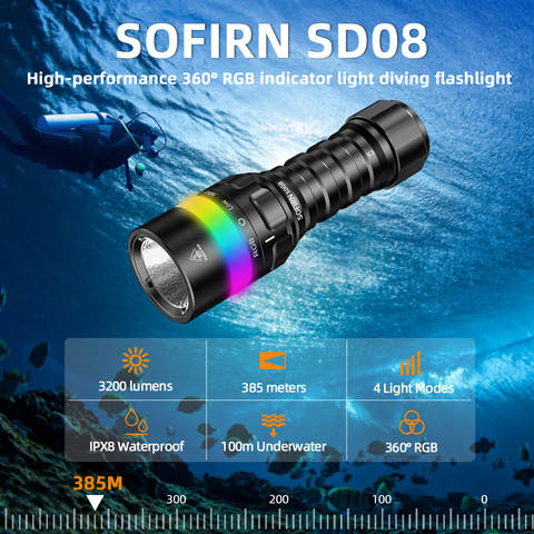 Sofirn SD08 Tauchtaschenlampe 3200 Lumen SST70 LED 21700 USB-C 360° Power-Anzeige RGB Unterwasser