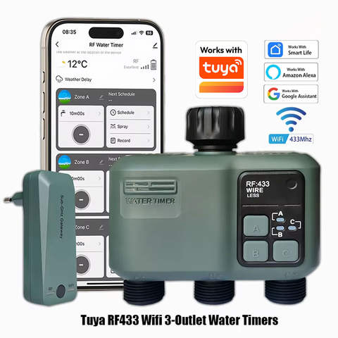 Tuya WiFi RF433 Smart Garten Bewässerungstimer 3-Wege Regenverzögerung Automatisch Programmierbarer Controller
