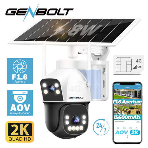 GENBOLT 4G Solar Outdoor Kamera Dual-Objektiv Spotlight Farb-Nachtsicht 24/7 Aufnahme 8W 15600mAh HCCTV Smart