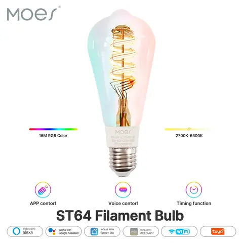 MOES Tuya WiFi Smart ST64 Edison LED-Glühbirnen 16 Millionen RGB-Farbwechsel 2700K-6500K dimmbar Alexa Google Home