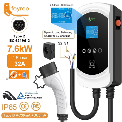 feyree Smart Wallbox 22kW EV Ladegerät Typ2 Dynamische Lastverteilung WiFi APP 32A Elektrofahrzeug Smart